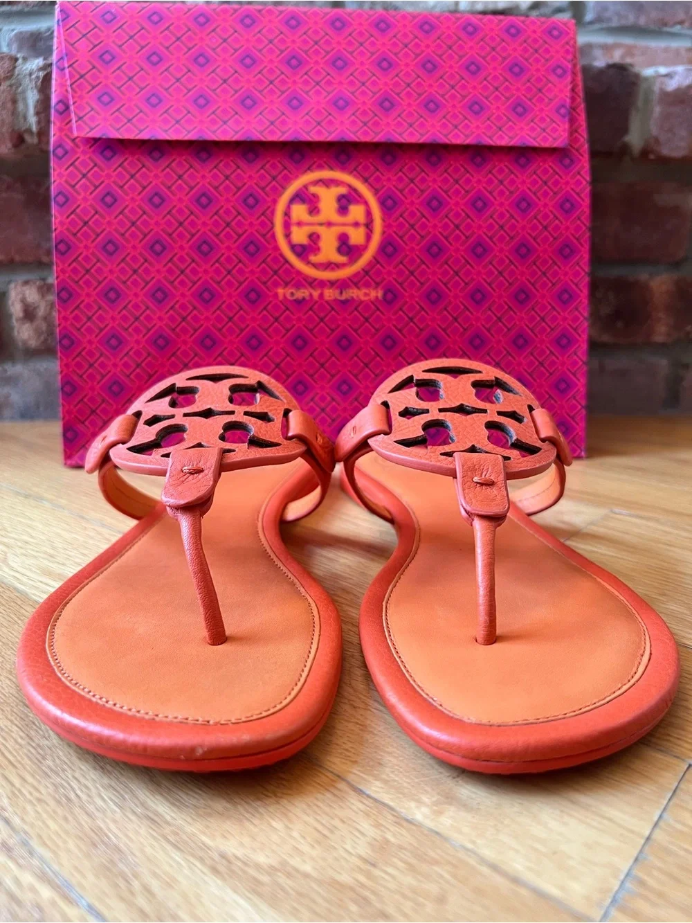Tory Burch Orange Two-Toned Tumbled Leather Miller Sandals